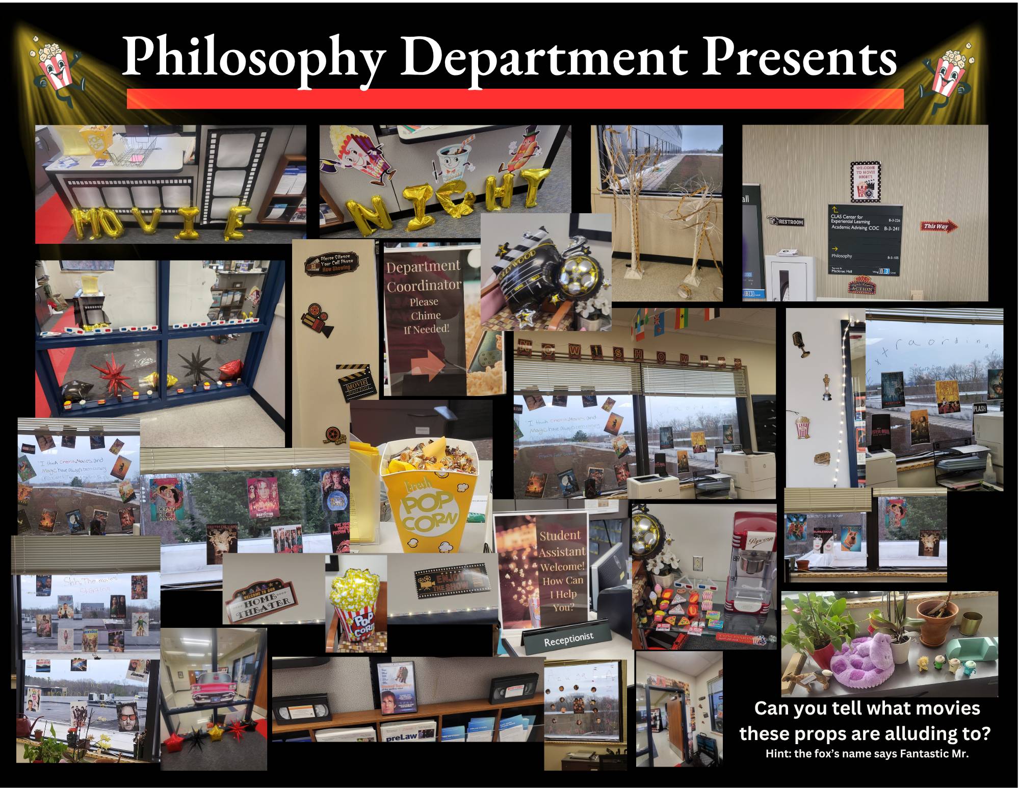 Balloons spelling "movie night" along with popcorn buckets, cartoon pop and hot dogs and popcorn buckets, movie posters, home theater posters, popcorn balloon and pictures of student employees